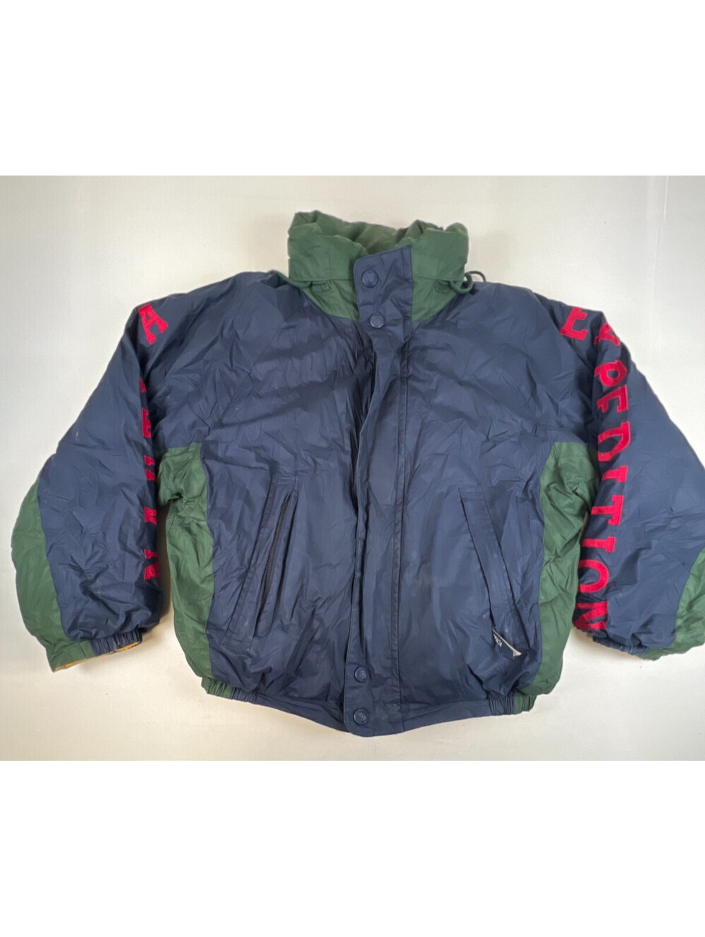 Vintage 90s Nautica Expedition Reversible Down Puffer Jacket XL Navy Green Gold